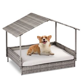 Wicker Dog House, Elevated Rattan Dog Bed with Canopy and Washable Cushion Cover, Indoor Outdoor Raised Pet House for Small Medium Dogs Cats, Gra