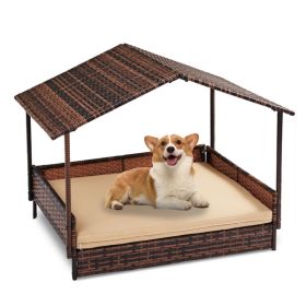 Wicker Dog House, Elevated Rattan Dog Bed with Canopy and Washable Cushion Cover, Indoor Outdoor Raised Pet House for Small Medium Dogs Cats, Bro